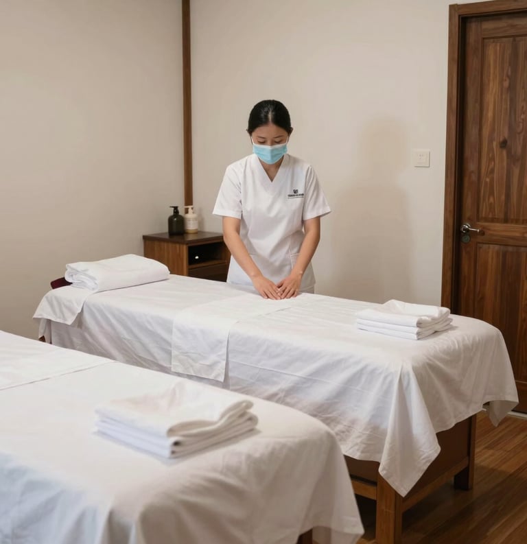 A clean and serene interior of a traditional Indonesian therapy room (Griya Sehat) with white linens, wooden accents, and a professional, calming medical atmosphere.