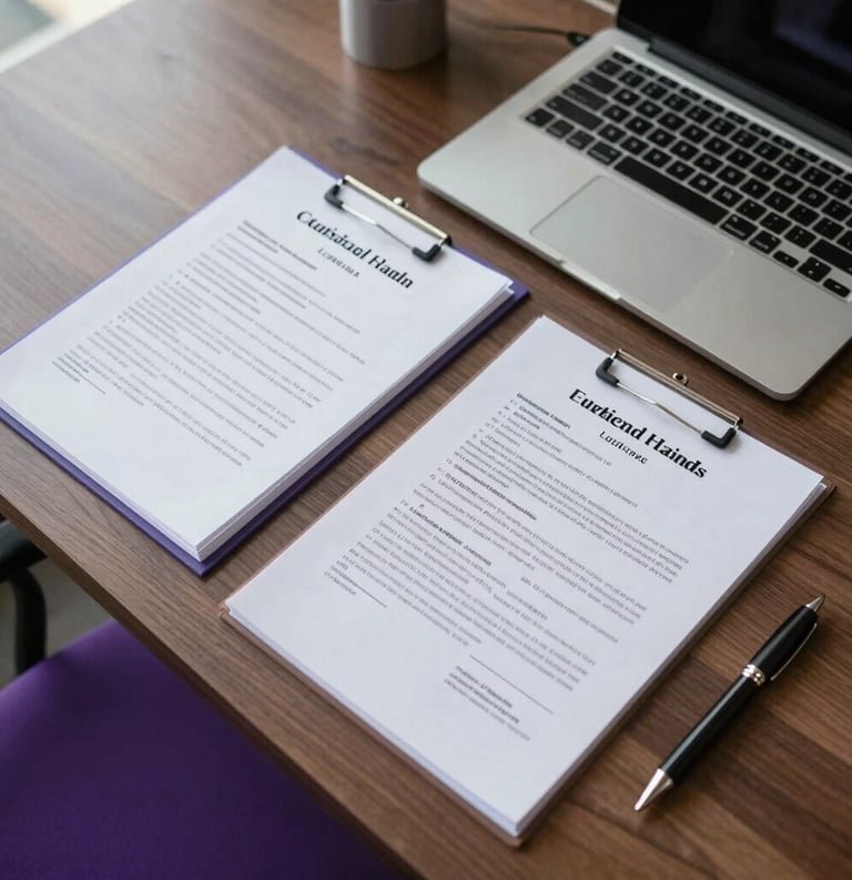 A top-down view of a professional desk in a modern Southeast Asian office featuring organized legal documents, a pen, and a laptop, with soft natural light and purple office accents.