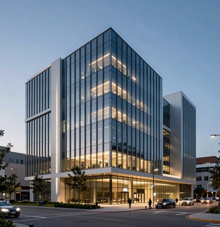 Exterior view of a sleek, innovative biotech research building at dusk with architectural lighting highlighting glass facades, North American / International urban location.