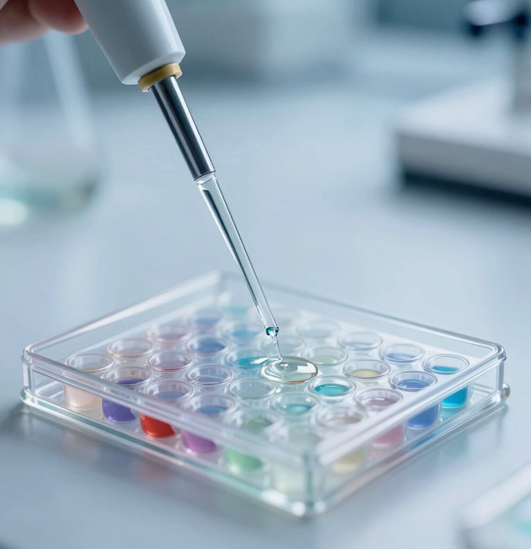 Macro photography of a laboratory pipette dispensing liquid into a multi-well plate, clean scientific background with soft steel blue lighting.
