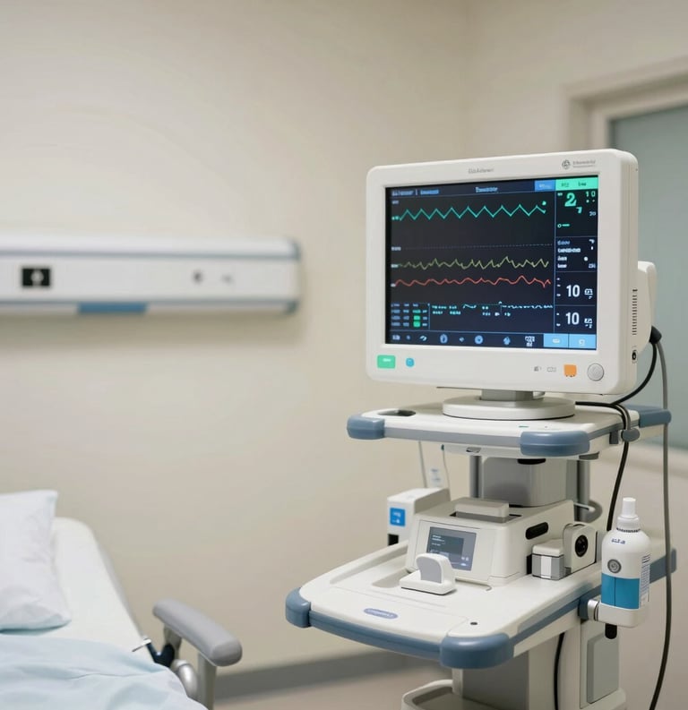 An advanced clinical observation room with a state-of-the-art patient monitor displaying biometric data, clean off-white aesthetics, North American / International medical center environment.