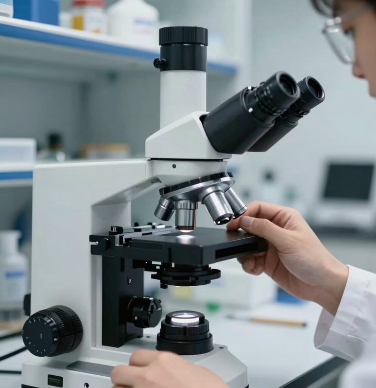 Close-up of a high-powered laboratory microscope being adjusted by a professional researcher in a modern lab with steel blue accents, North American / International setting.