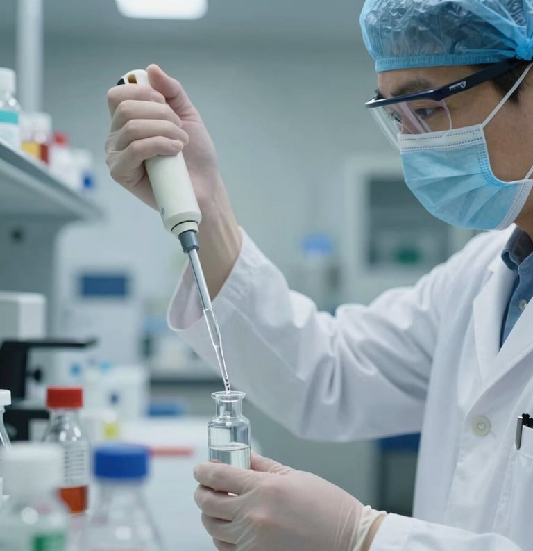 A professional scientist in a sterile laboratory environment using a precision pipette to transfer clear liquid into a glass vial, soft steel blue lighting, North American / International research facility setting.