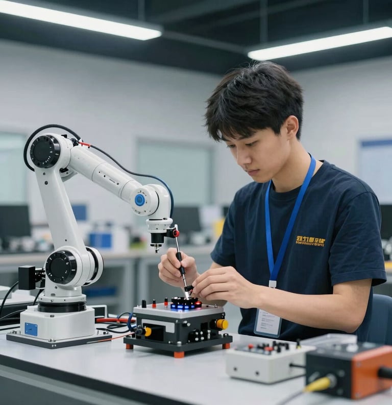 A focused shot of a young adult in a high-tech North American vocational workshop working with advanced robotics and diagnostic tools, soft overhead lighting in a steel blue and white environment.
