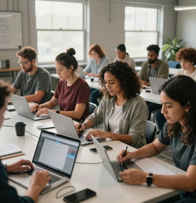 A high-quality lifestyle photograph of a diverse group of North American adults attending a vocational training workshop. They are using modern digital tools in a bright, industrial-style classroom. The lighting is warm and inspiring, focusing on progress and opportunity.