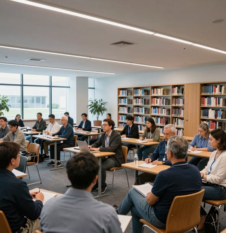 A wide-angle photograph of a community leadership seminar held in a contemporary North American library, featuring engaged participants in a bright, professional environment with steel blue highlights.