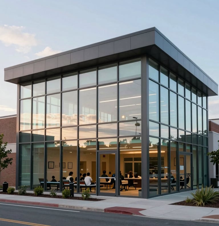 Architectural photography of a modern, inviting community wellness center in a North American setting, glass facade reflecting a soft morning sky in steel blue and mint tones.