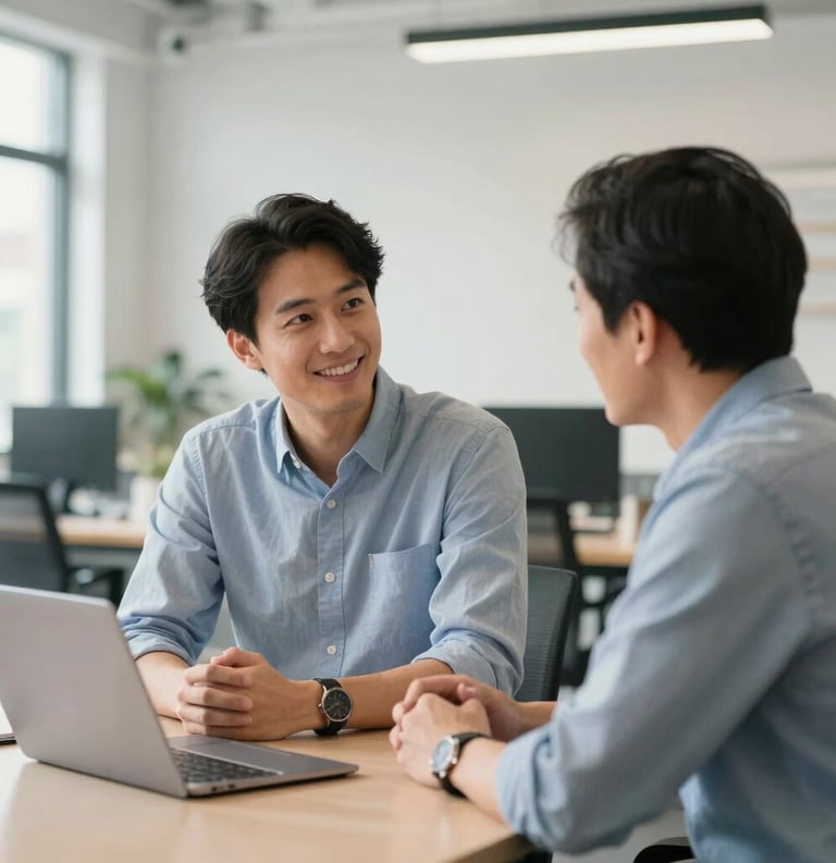 A professional and optimistic scene of an entrepreneur in a bright, modern North American shared workspace consulting with a mentor, natural lighting, clean composition with blue and light grey accents.