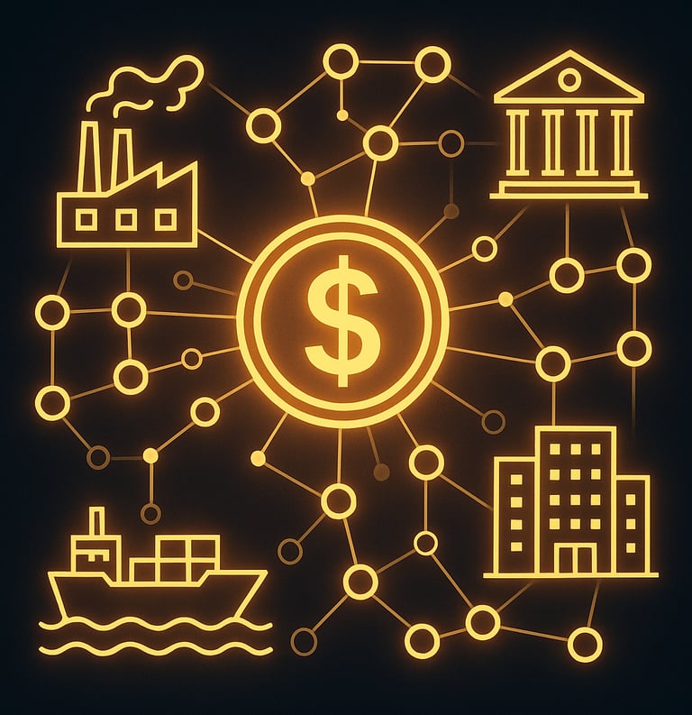 Global trade map overlaid with $BCOIN™ transaction paths, symbolizing borderless business and digital commerce.