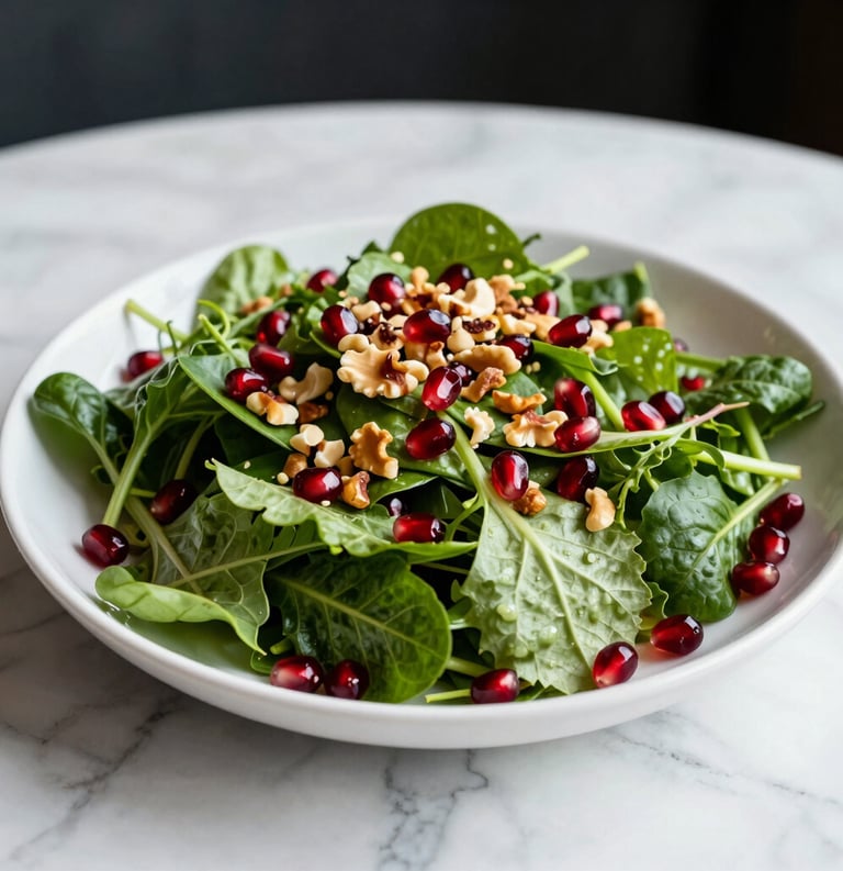 A beautifully plated, vibrant salad with fresh greens, nuts, and pomegranate seeds on a white marble surface. North American / Canadian food photography style.