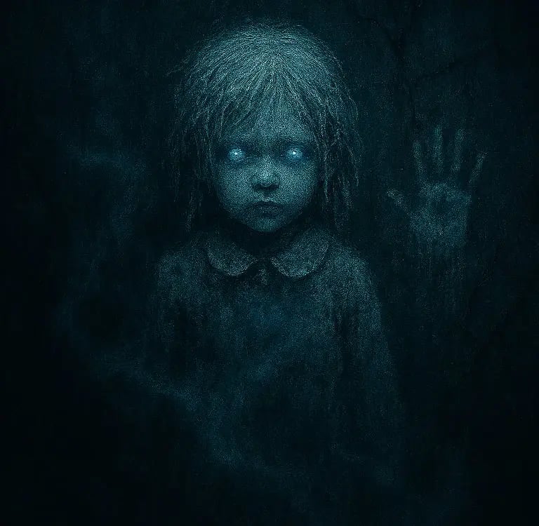 Square horror illustration of a frost‑covered young girl with glowing blue eyes standing against a cracked wall