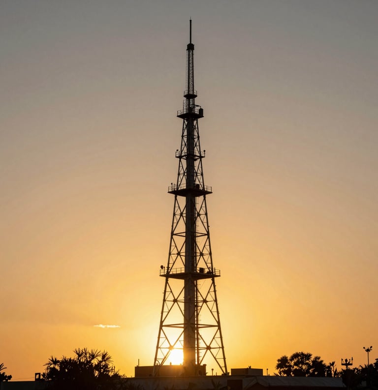 A photography of a modern radio tower silhouette against a golden sunset sky over the landscape of Nayarit. Elegant and professional composition. Mexican / Latin American region.