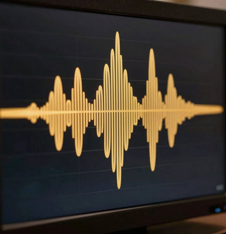 An artistic shot of a radio waveform displayed on a sleek black screen with gold-colored peaks and valleys.