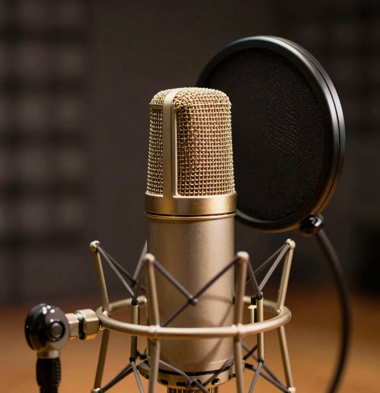 A close-up photograph of a professional studio microphone with a gold pop filter in a dark, sophisticated radio studio. Warm gold lighting accents the sleek equipment. Mexican / Latin American setting.