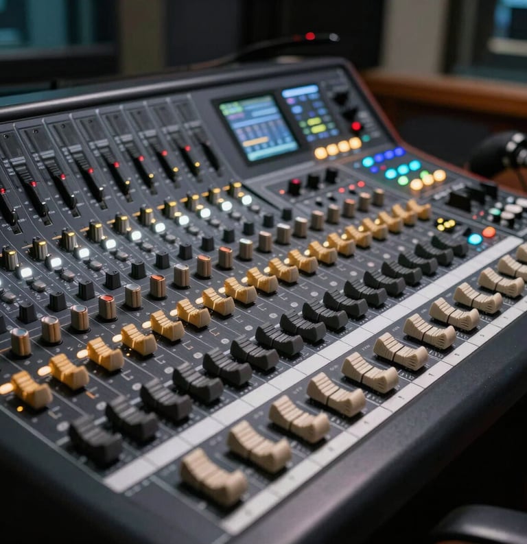 A high-end digital audio mixing console glowing with white and gold indicator lights in a dark, professional radio broadcast booth. Mexican / Latin American modern studio atmosphere.