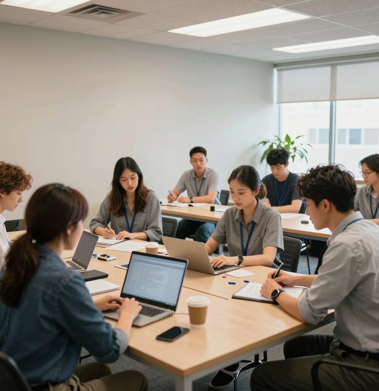 A bright, clean North American office space where a group is engaged in a vocational training workshop. The composition is focused on professional growth, with warm sand and gray-blue tones creating a stable and hopeful atmosphere.
