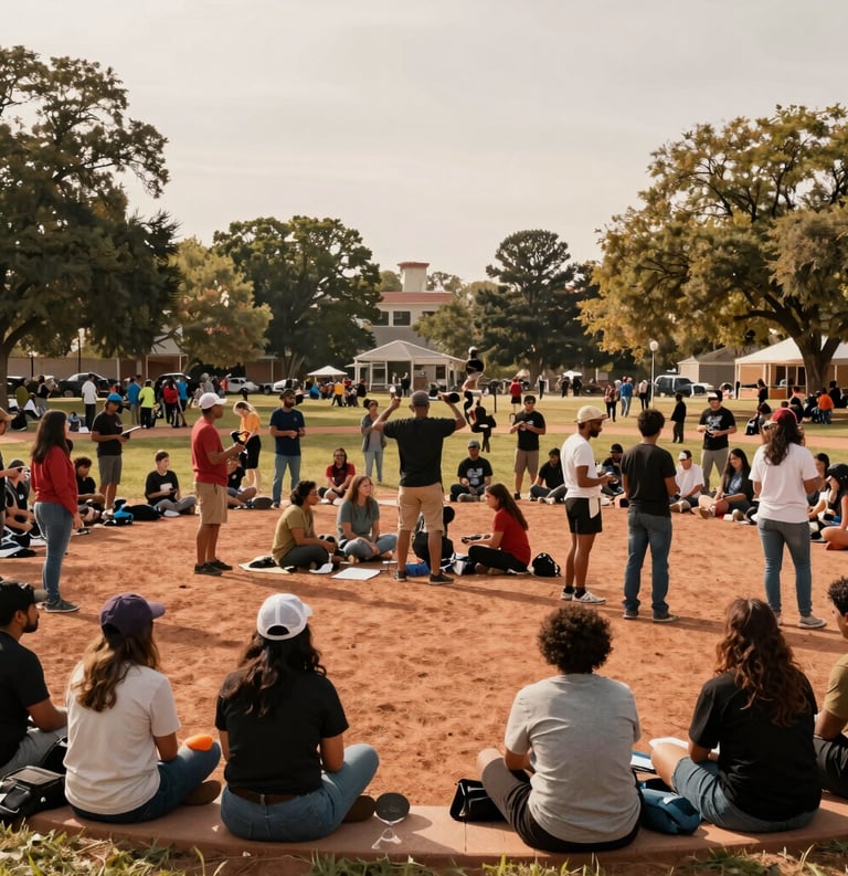 A wide-angle shot of a local North American community gathering in a park, diverse groups interacting, warm terracotta sunlight, conveying unity and resilience.