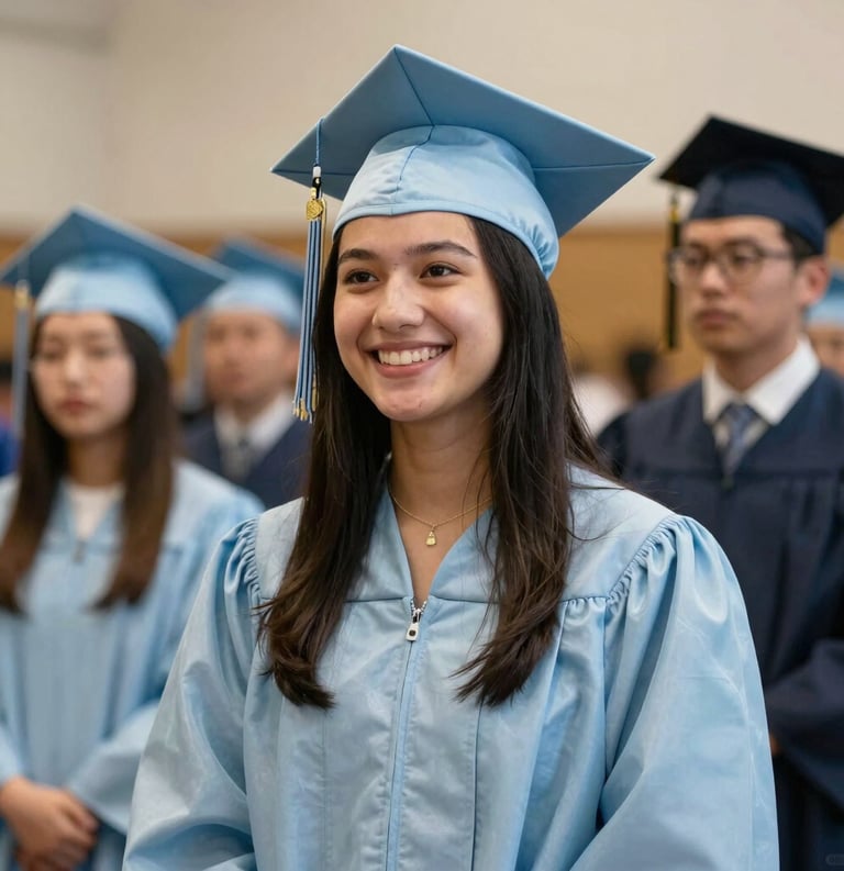 An uplifting, candid shot of a young adult graduating from a community mentorship program in a North American setting. The style is professional and dignified, with a palette of light blue and soft tan reflecting a sense of achievement.