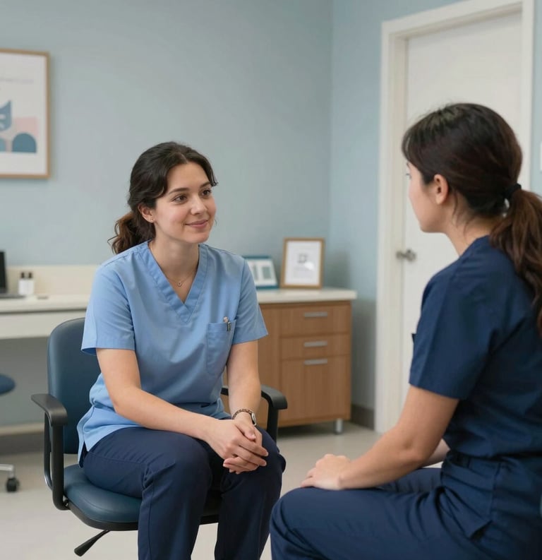 A peaceful, warm consultation room in a North American community clinic. The scene conveys compassion and trust, featuring clean design with soft gray-blue and dark blue elements, emphasizing professional dignity and wellness.