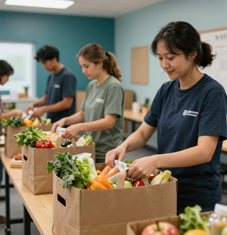 A professional, warm photograph in a North American / US community center where volunteers are organizing neatly packed food hampers with fresh produce. The lighting is soft and optimistic, featuring deep teal and light blue accents in the background.