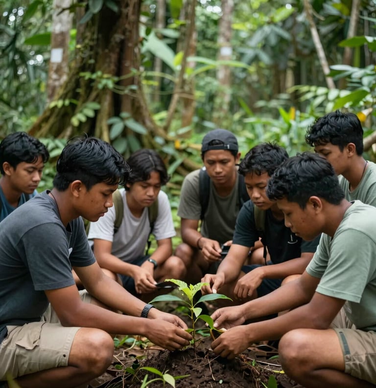 A group of young Southeast Asian / Indonesian people engaged in an outdoor educational workshop about forest preservation, natural lighting, forest green and sage green surroundings.