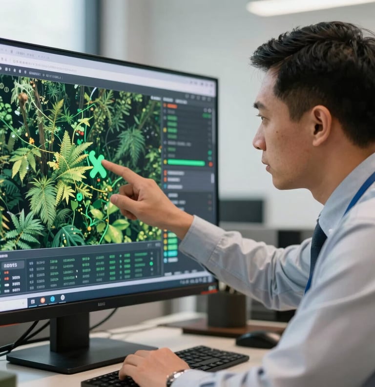 A professional Southeast Asian expert pointing at a digital screen showing forest cover data and carbon charts, professional office environment, focused on accuracy.