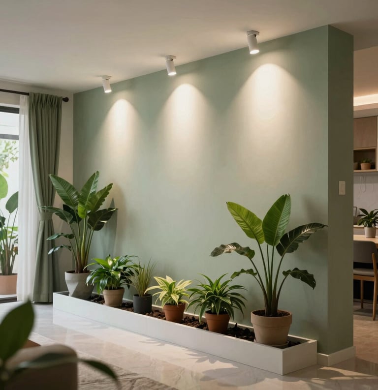 A modern Southeast Asian / Indonesian home interior showcasing sustainable living with energy-efficient lighting and indoor plants, in sage green and off-white tones.