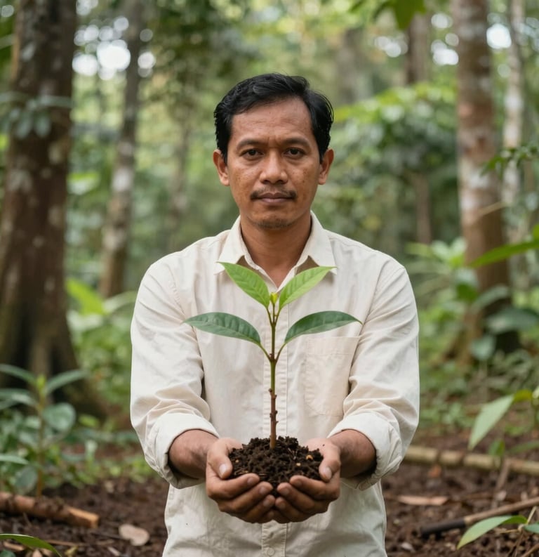 A professional Southeast Asian / Indonesian environmentalist holding a young tree sapling ready for planting in a sun-drenched reforestation area, forest green and off-white tones.