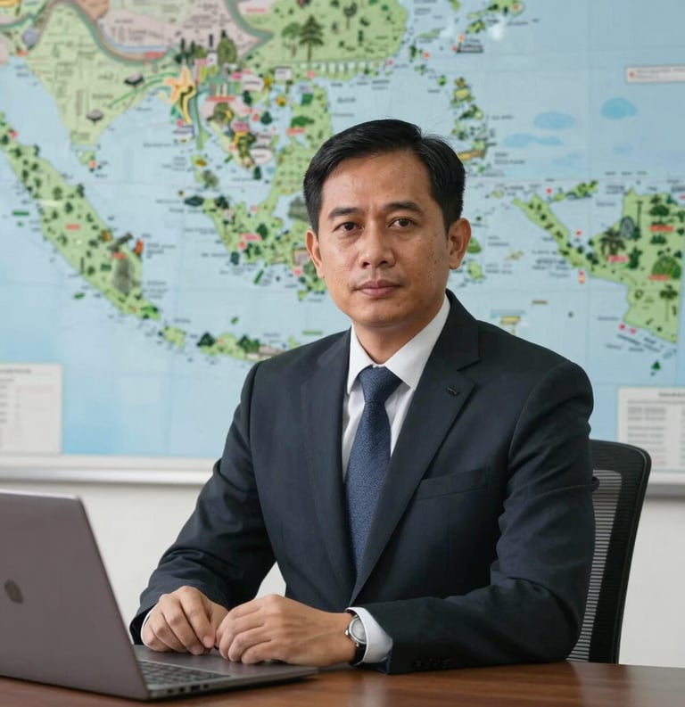 A professional Southeast Asian / Indonesian legal consultant in an office setting with maps of forest regions, emphasizing integrity and data-driven environmental advocacy.