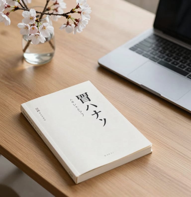 Clean, high-angle photography of a minimalist wooden desk with a Japanese language textbook, a sleek modern laptop, and a delicate branch of cherry blossoms in a glass vase, soft natural morning light.