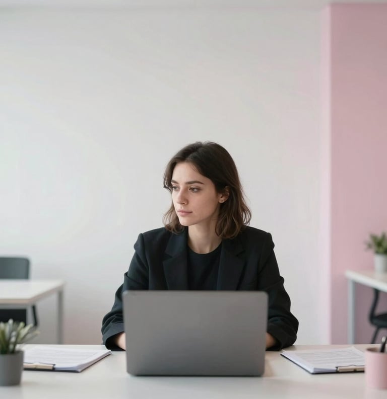 Photography of a modern, minimalist office interior with white walls and soft pink accents. An International / English-speaking professional is seen in soft focus, sitting at a desk with a laptop, exuding a calm and focused atmosphere.