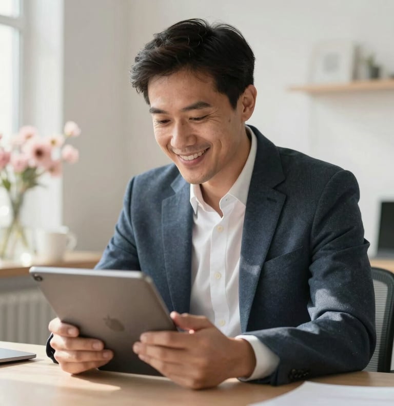 An International / English-speaking professional wearing a smart casual blazer, smiling warmly while looking at a tablet screen. The background is a clean, sunlit workspace with light pink floral decorations.