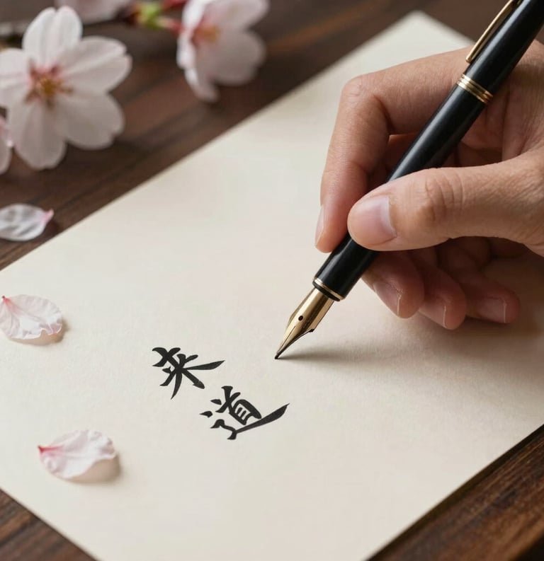 Close-up photography of a hand using a traditional fountain pen to write elegant kanji on thick, cream-colored paper. Beside the paper lies a few fallen cherry blossom petals on a dark wooden surface.