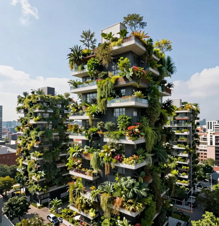 A stunning landscape of an urban vertical forest or a sustainable community garden in an International setting, featuring vibrant greenery and innovative sustainable architecture under bright, natural daylight.