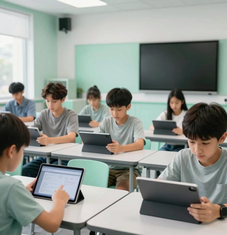A focused shot of a modern digital classroom in a North American setting, featuring clean lines, light mint green accents, and students engaging with tablets for knowledge advancement, professional lighting.