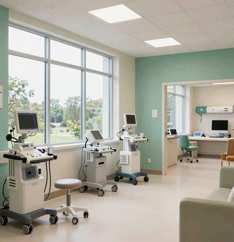 Interior of a modern, airy healthcare facility in North American style with large windows and soft off-white and medium green accents, depicting professional medical equipment and a comfortable, trustworthy environment.