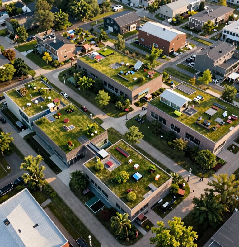 An aerial view of a vibrant, sustainable community project with green roofs and pedestrian paths, afternoon sun, professional architectural photography, North American / International.