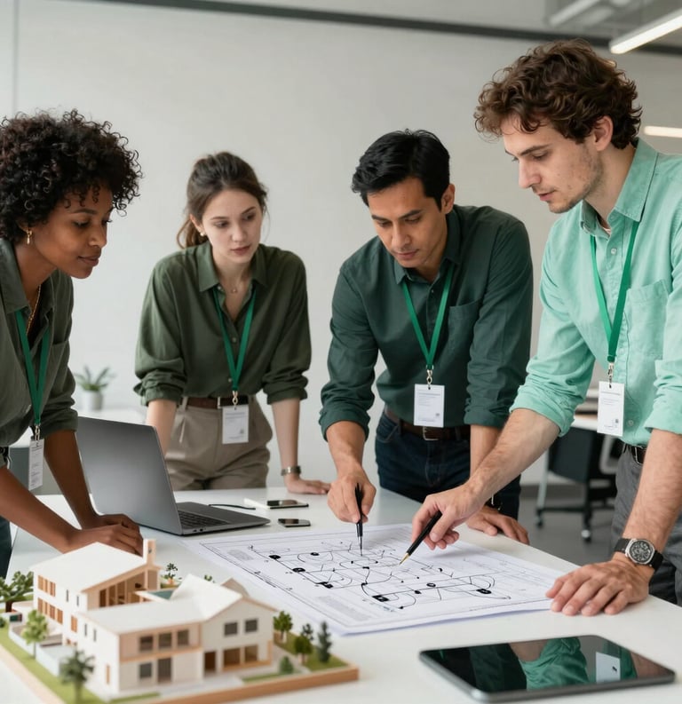 A diverse team of professionals in a North American collaborative workspace, discussing a community blueprint with architectural models and modern technology, featuring deep green and mint accents, authoritative and hopeful style.