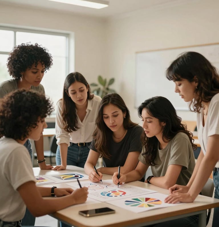 A group of women collaborating in a bright, modern community center in North America. They are looking at a shared project on a table with expressions of empowerment. Warm, natural lighting.