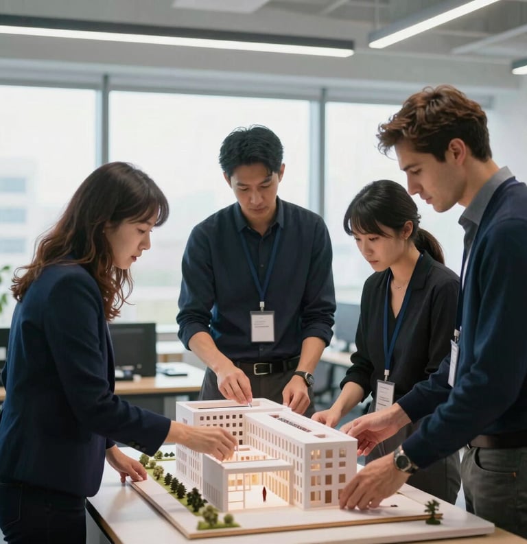 A group of people collaborating on a architectural model in a bright office in the US, with a professional atmosphere and palette of dark navy and sky blue.