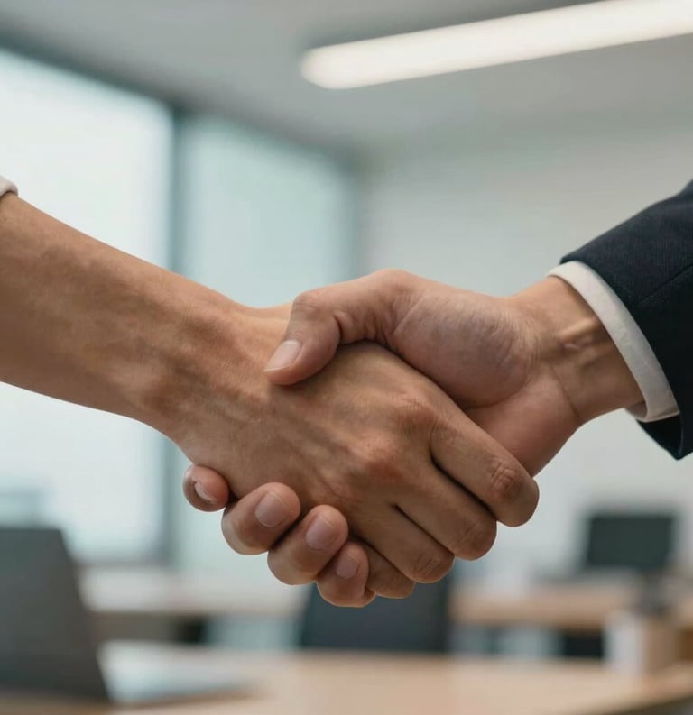 A close-up of two people shaking hands in a bright, modern North American office setting. The lighting is soft and warm, emphasizing partnership and trust. The background is slightly blurred with soft teal accents.