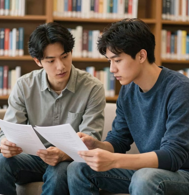 A mentor and a young adult student sitting together in a North American university library, engaged in a focused discussion over academic papers. The background is a blurred wall of books. The lighting is bright and inspiring.