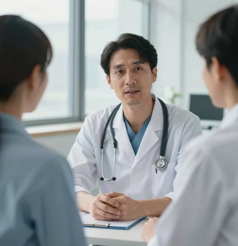 A healthcare professional in a clean, modern North American medical clinic, speaking compassionately to a patient. Soft daylight filters through windows. The atmosphere is calm and reassuring.