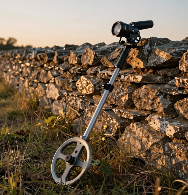A beautiful North American field during the golden hour. A high-quality metal detector lies resting against an old stone wall, symbolizing a successful day of discovery in the countryside.