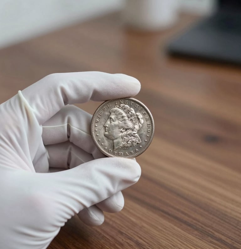 Photography of a hand wearing a white archival glove holding a gleaming silver Morgan dollar coin. Soft focus on a North American walnut desk in the background. Lighting is bright and professional with a modern feel.