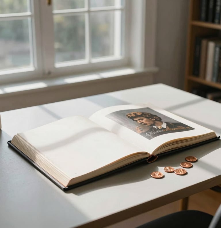 A wide shot of a clean, minimalist study in a North American home. On a light gray table sits a professional collector album and a set of rare copper pennies. Soft morning sunlight streams through a large window.