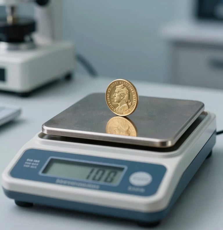 Close-up of a high-precision digital scale in a professional North American office environment. A gold bullion coin is being measured accurately. The background is a soft, professional blue-gray.
