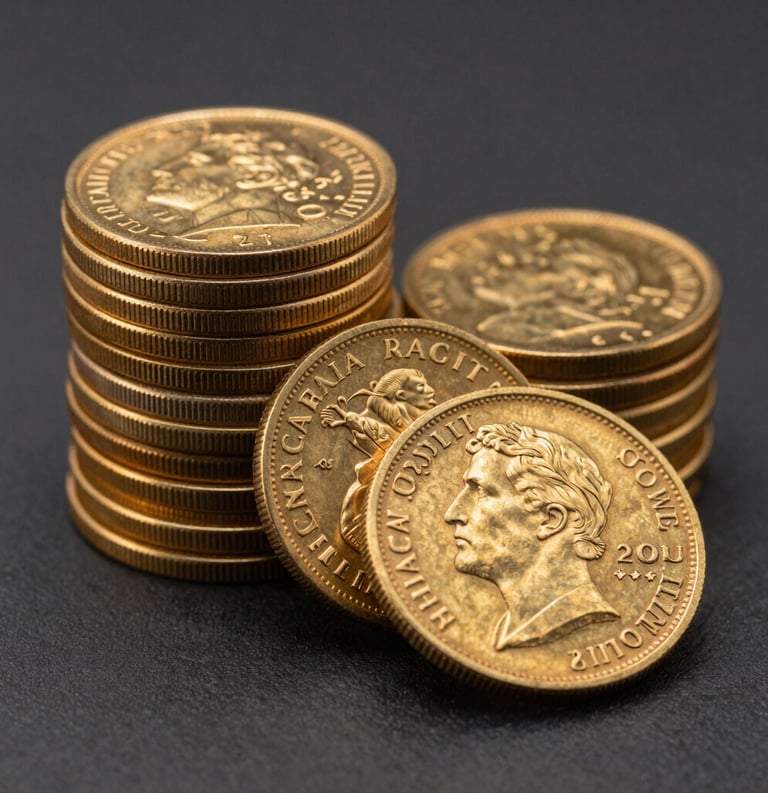 A professional photograph of a stack of pristine, rare gold coins from the early 20th century. The lighting is elegant and focused, highlighting the metallic sheen and fine details against a charcoal background. North American / US context.