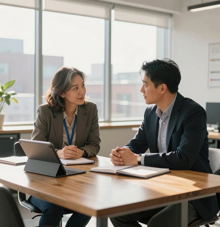 Professional one-on-one mentorship session in a sunlit, modern office in Saint John, Canada. A seasoned advisor and an aspiring entrepreneur sit at a clean wooden table with notebooks and a tablet. The atmosphere is encouraging and collaborative, with soft morning light and a view of urban architecture in the background.