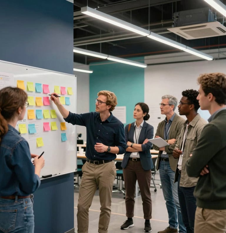 A collaborative workshop setting in a modern Canadian innovation hub. A group of diverse professionals are standing around a whiteboard with colorful sticky notes, actively discussing a project. The lighting is bright and industrial-chic with deep navy and teal accents.